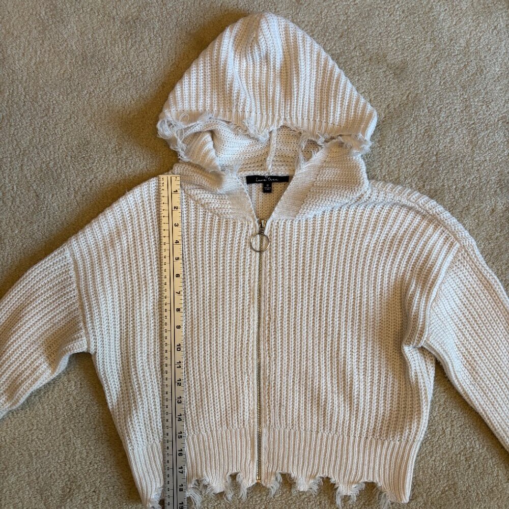 Love Tree Distressed Acrylic Crop Knit Hoodie in White - Picture 7 of 9